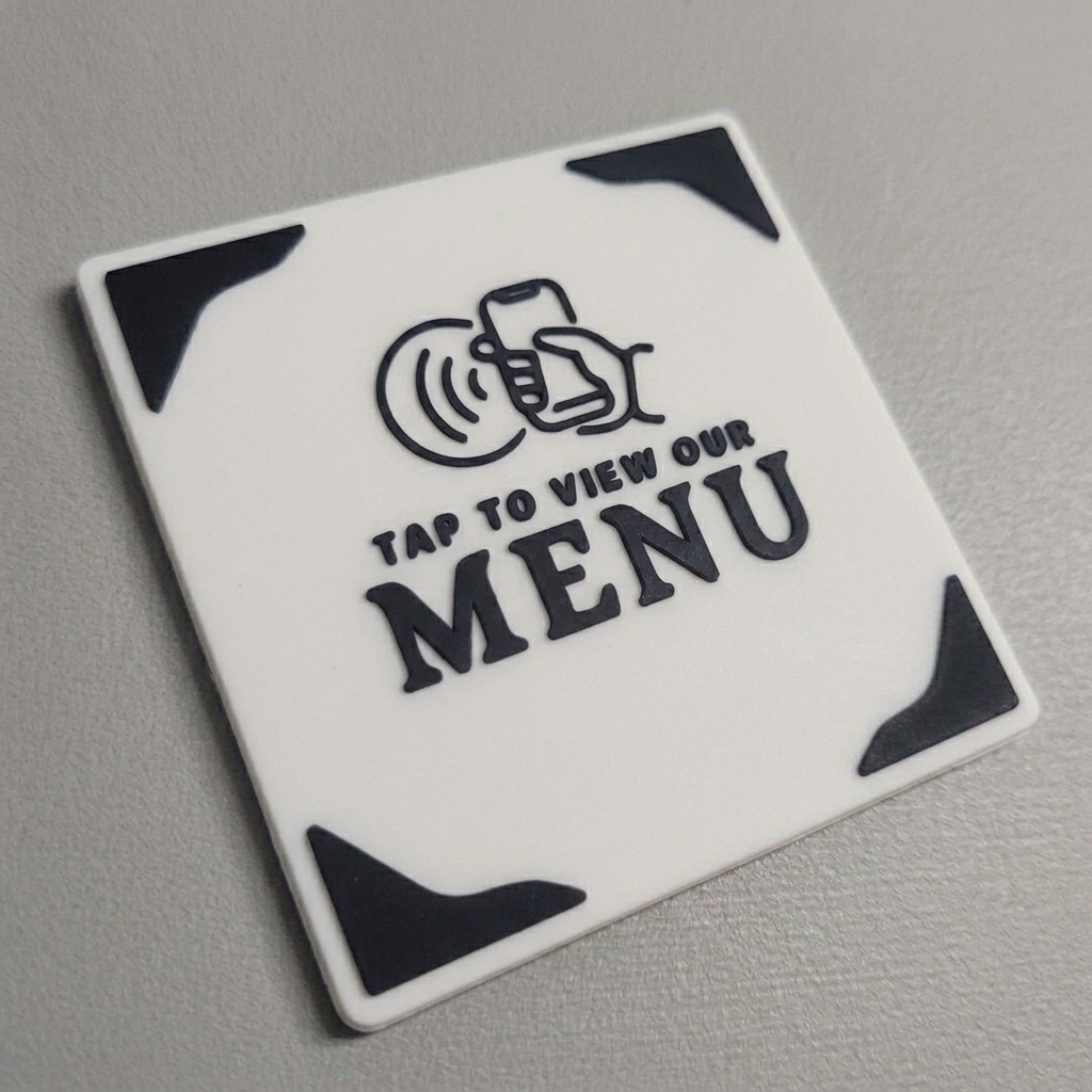 NFC Tap to View Our Menu sign in white with black lettering